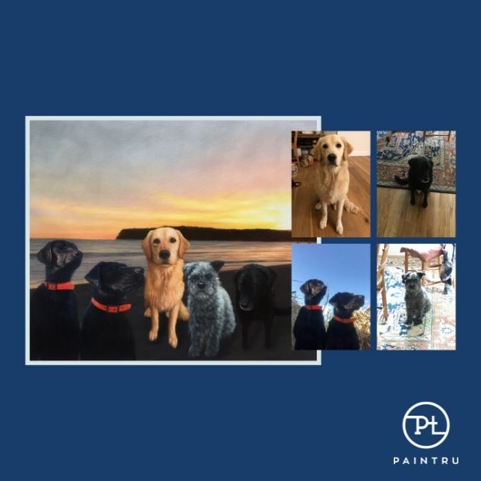 paintru-custom-pet-portrait-painting-group-of-dogs-on-beach-oil